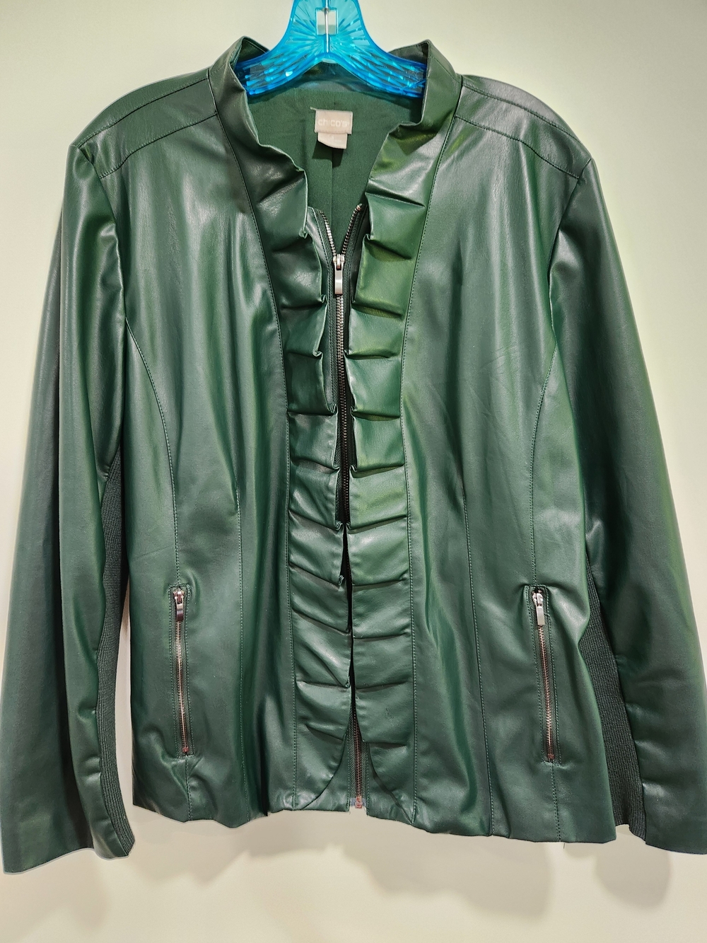 Chico's Forest Green Ruffle-Trim Faux Leather Jacket